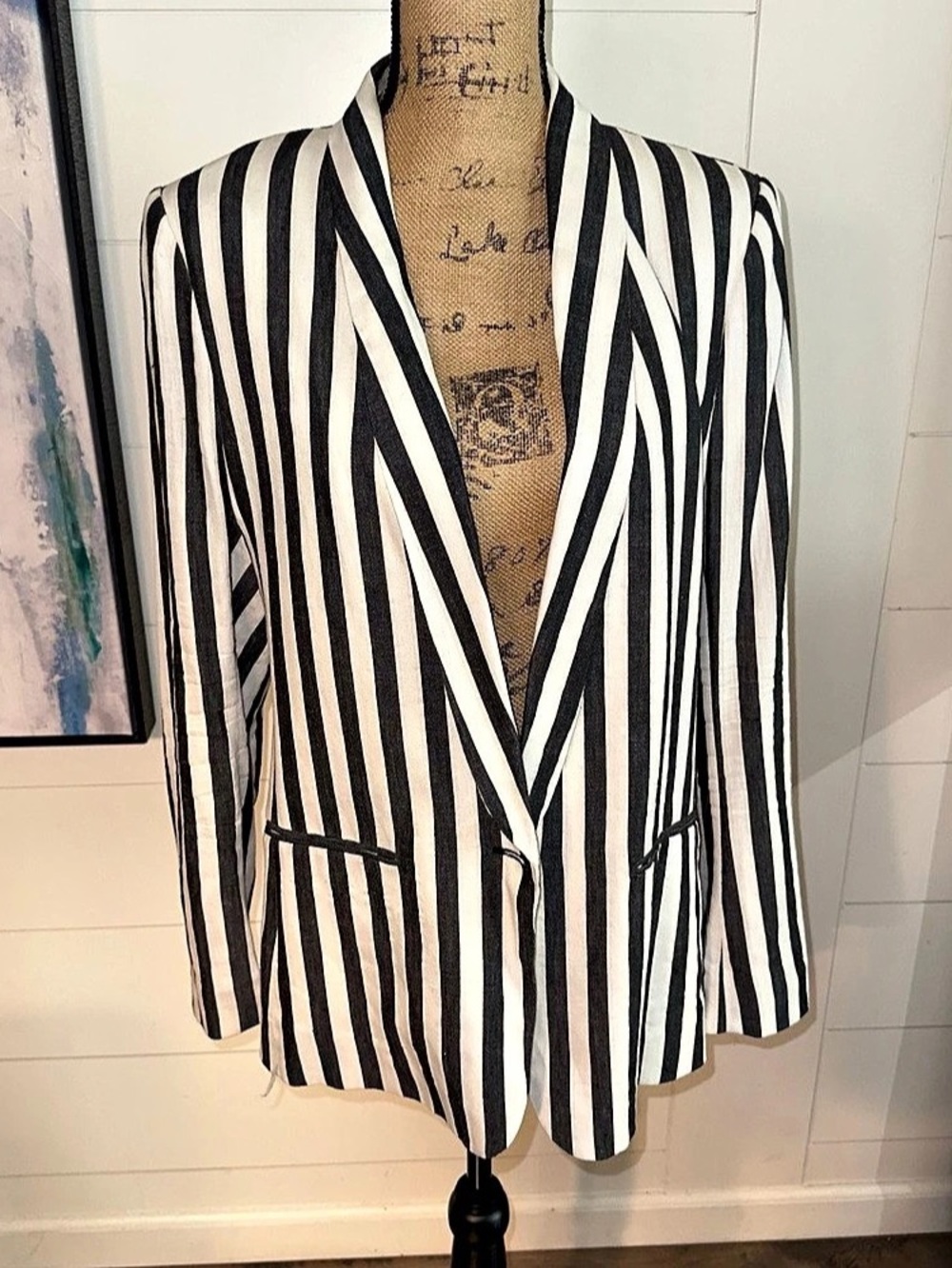 H&M Black White Wide Stripe Shawl Collar Blazer Size 12